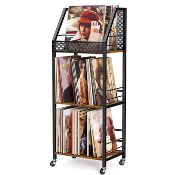 Vinyl Record Storage Holder for 300 Albums, 3-Tier Rolling Record Shelf with Dividers and Record Display