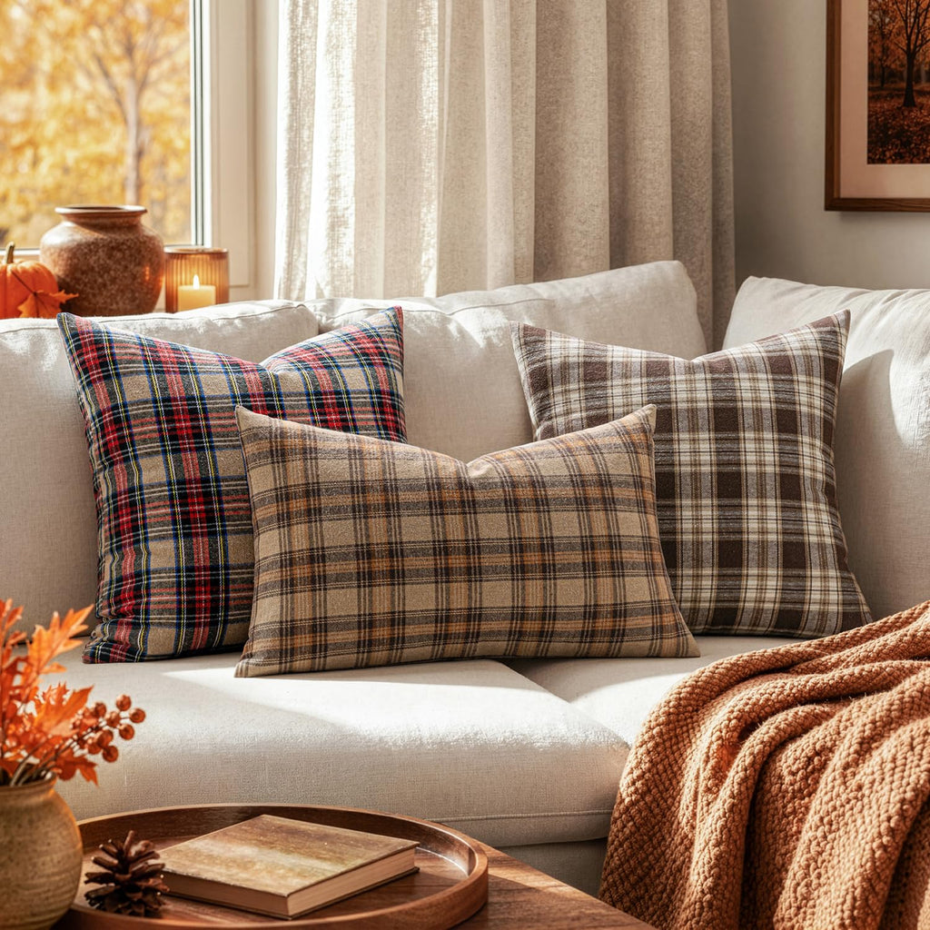 Fall Plaid Pillow Covers Scottish Tartan 24x24 Khaki