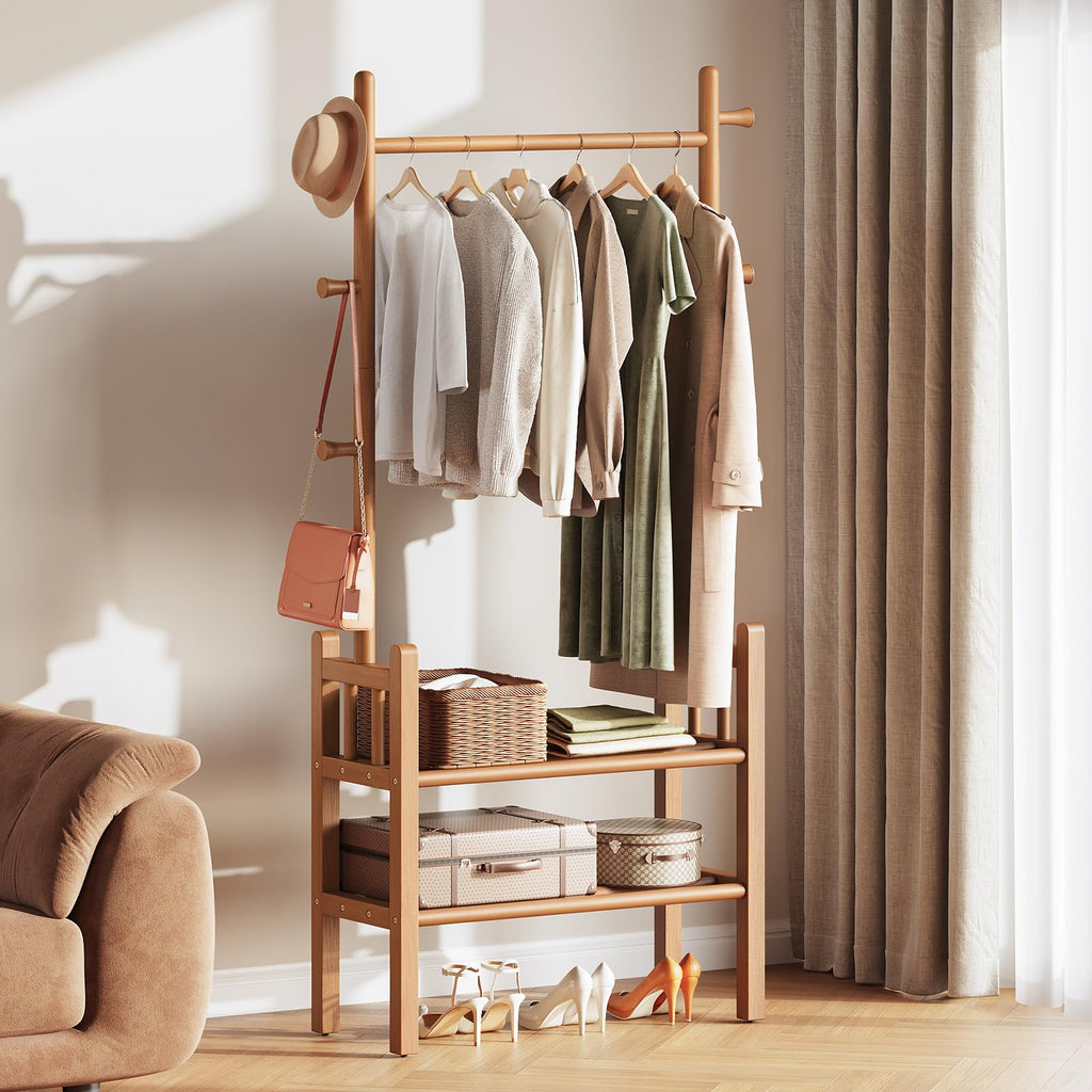 Solid Wood Clothing Rack with Shelves - Coat Rack Freestanding with 6 Hooks, 3-in-1 Hall Tree for Hanging Clothes