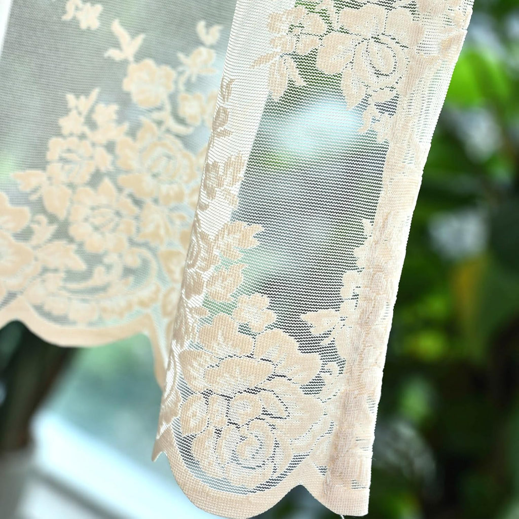 Beige Lace Valance Curtain for Kitchen Window, Rusitc Floral Vintage Cream Sheer Valance Over Sink 18 Inch Length