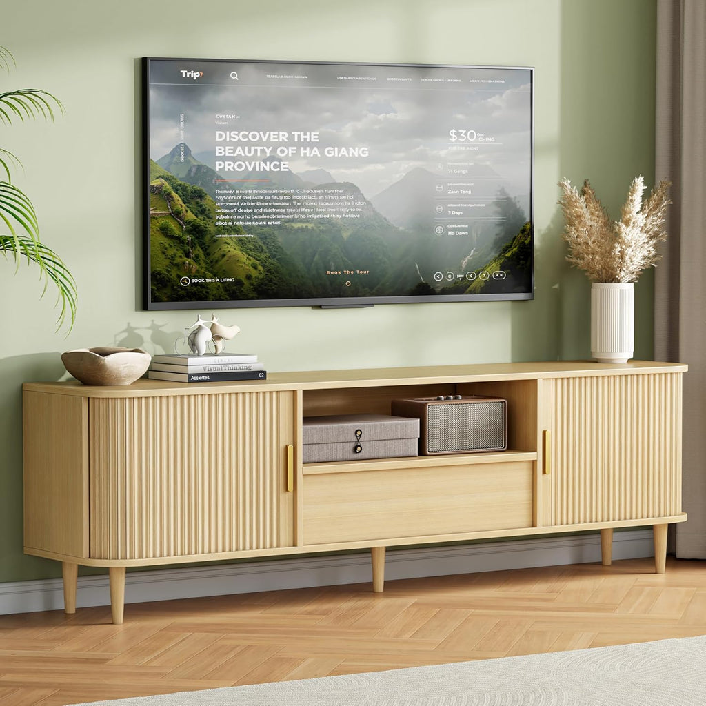 Mid-Century Modern Fluted TV Stand for 65/70/75/80 Inch TVs, 69" Entertainment Center with Grooved Sliding Doors &