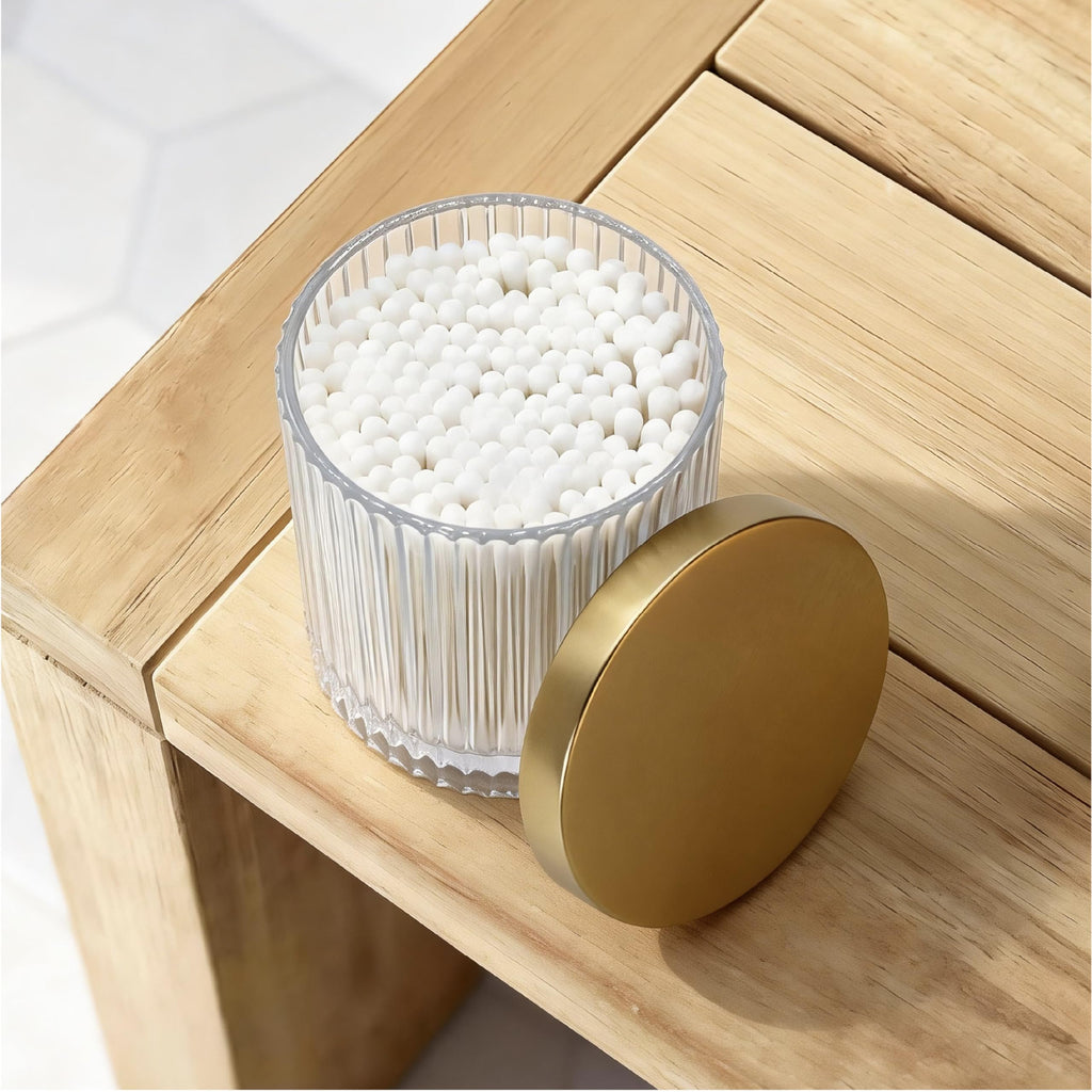 2 Pack Qtip Holder Dispenser with Metal Lids | Ribbed Glass Canister Set Vanity (Gold 2 Pcs)