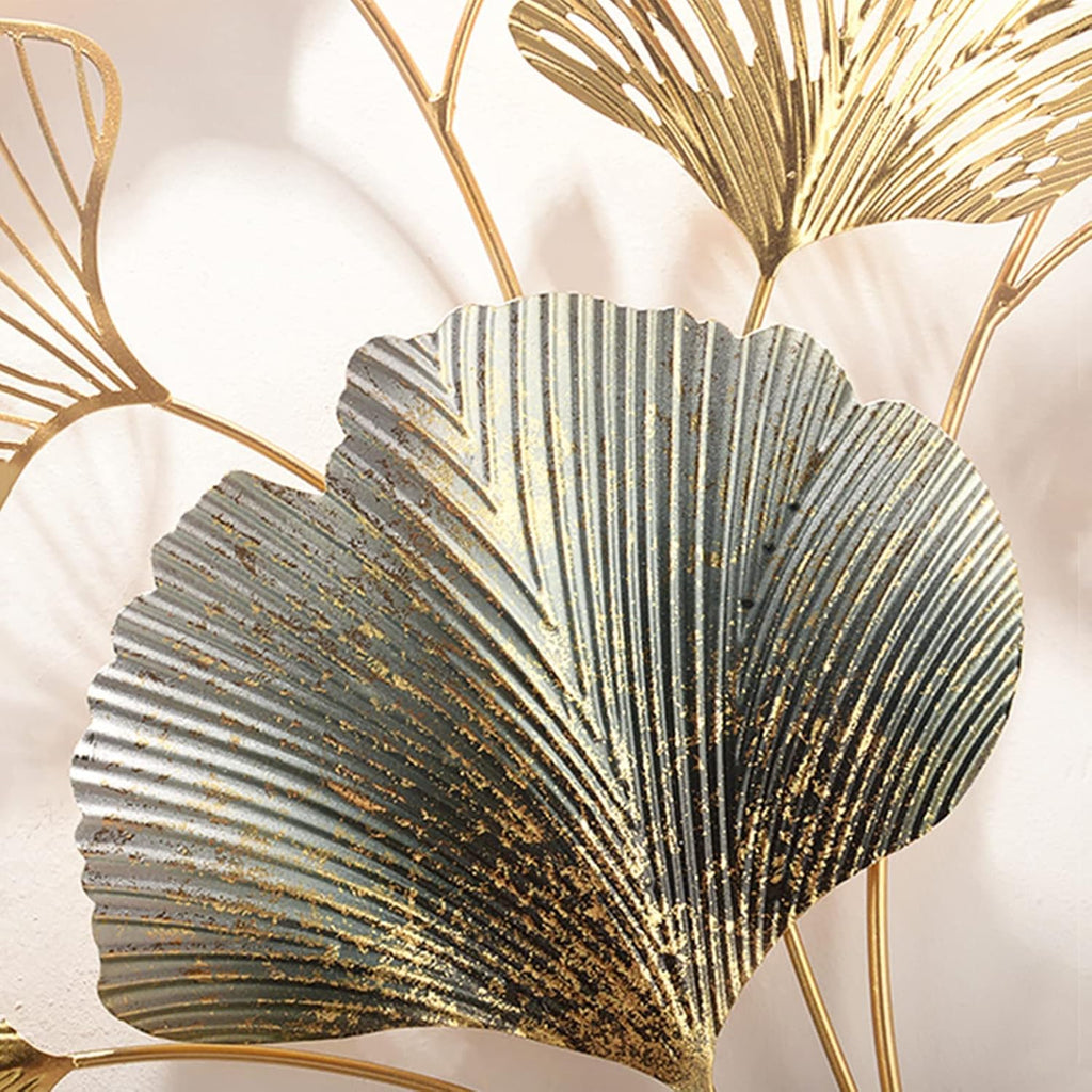 3D Room Wall Decor, Handmade Art Metal Round Golden Ginkgo Leaf Decorative Wall Sculpture Living Room And Bedroom, 2 - Set of 2