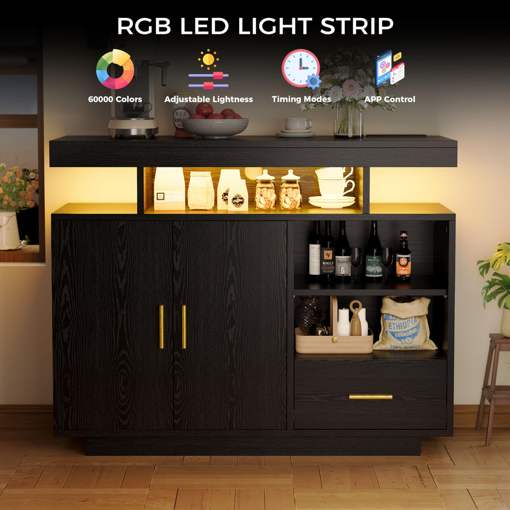 Coffee Bar Cabinet, Buffet Cabinet with Storage and Outlet, Black