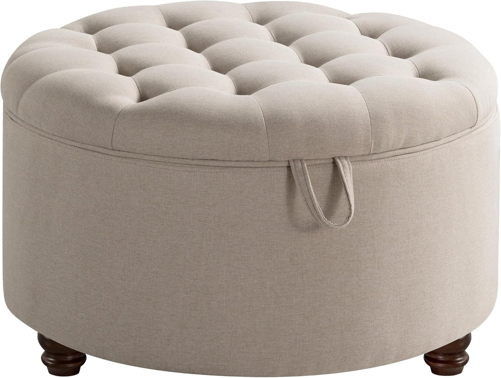 30" Round Storage Ottoman Coffee Table, Tufted Lid & Wood Top, Khaki | Nailhead Trim Solid Wood Legs Extra Large