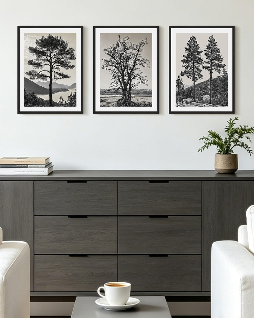 Vintage Tree Framed Wall Art Black and White Retro Antique Forest Drawings Nature Wilderness Sketch Wall Painting