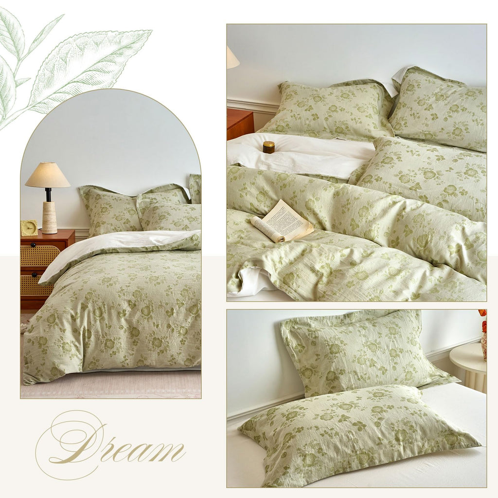 Sage Green Floral Duvet Cover Twin XL Textured Design, Premium Muslin Cotton Coquette Floral Comforter Cover Set for
