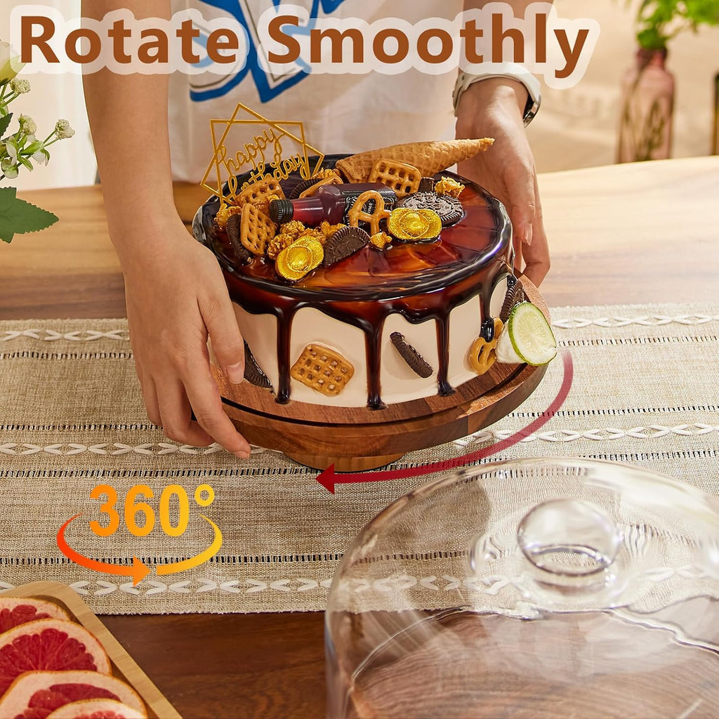 Cake Stand with Lid: 11in Rotating Wooden Cake Holder w/Glass Dome