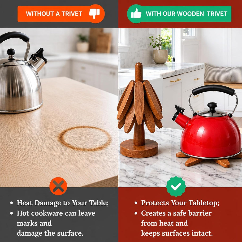 Foldable Black Walnut Wooden Trivet Set for Hot Dishes - 4 Trivets + 1 Stand for Hot Dishes, Tree Coasters, Pot - Set of 4