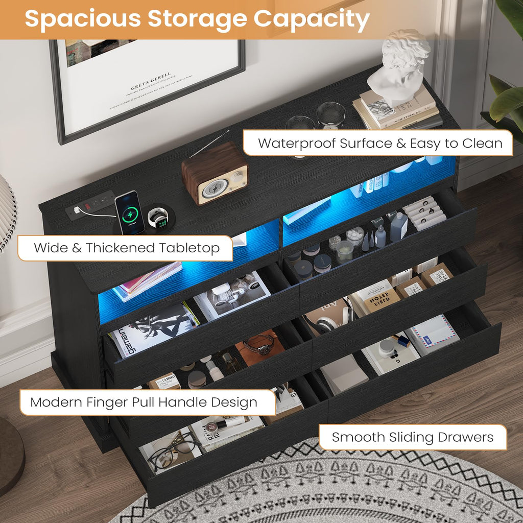 Black Dresser with LED Lights with Charging Station, 6 Drawer Double Dresser with No Handle Drawers, Modern Chest of