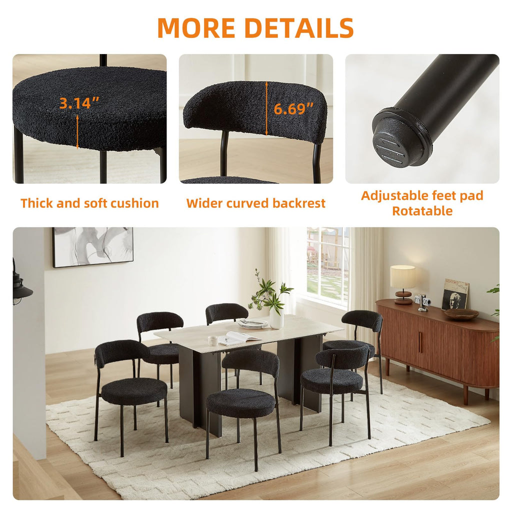Black Boucle Set of 4, Kitchen Dining Room Chairs Curved Backrest Upholstered Mid Century Modern Chairs with Black