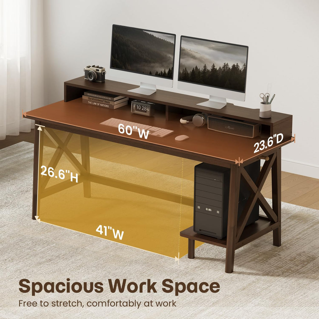 Solid Wood Computer Desk - 60 inch Modern Work Study Table, Walnut