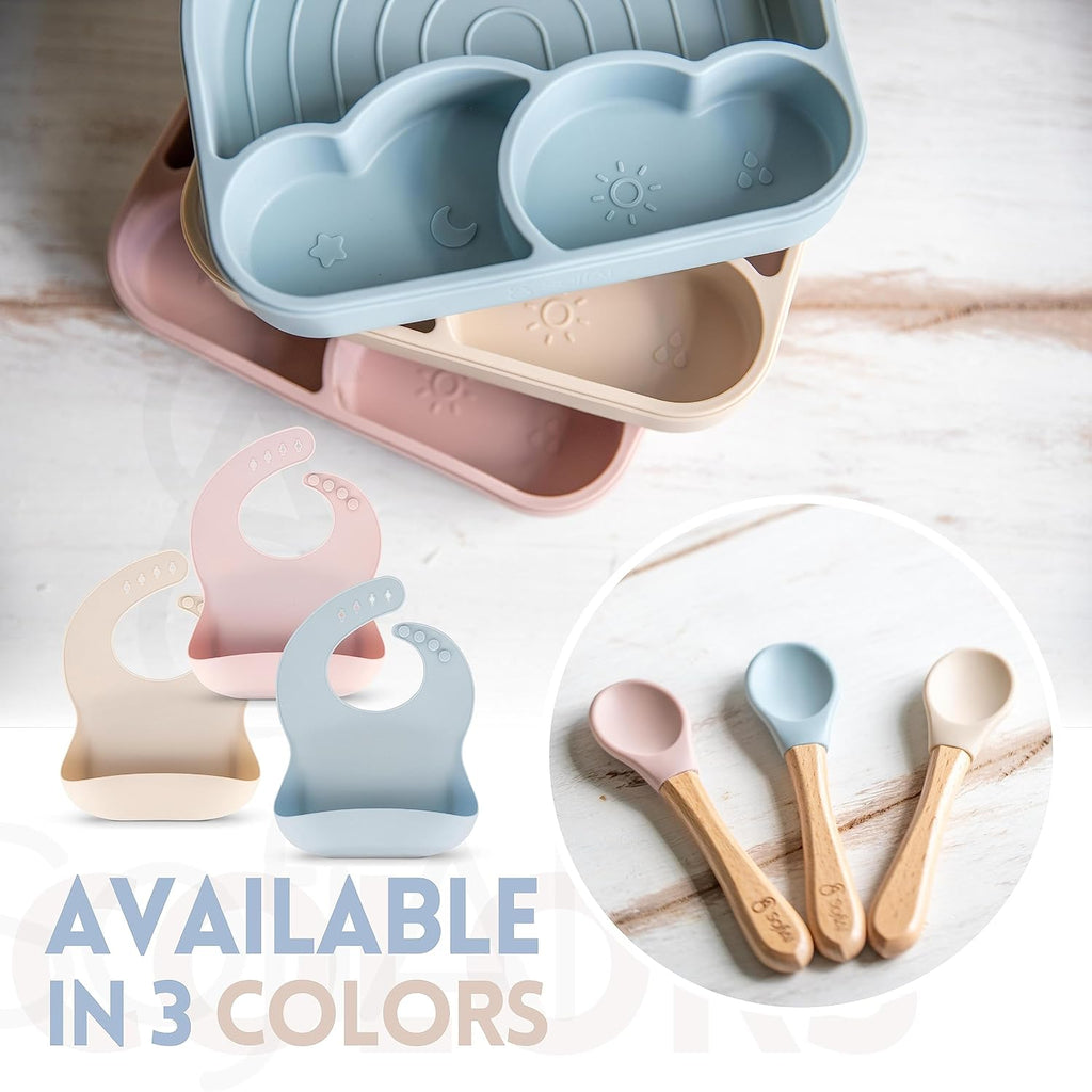 BPA-Free Non-Toxic Silicone Baby Plate Set - Piece Baby Led Weaning Starter Kit with Suction Divider Plate, Soft