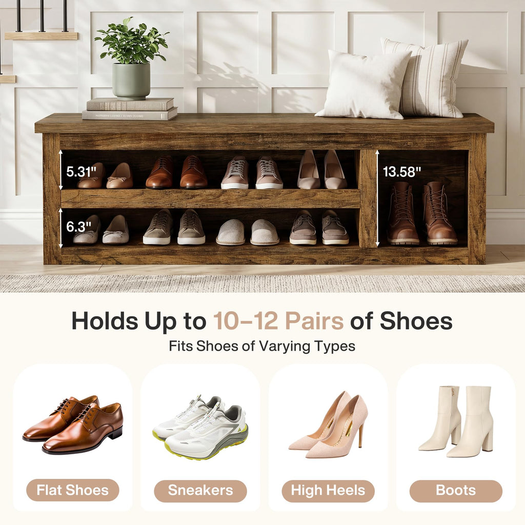 63" Entryway Bench, Farmhouse Shoe Storage Bench with Shelves