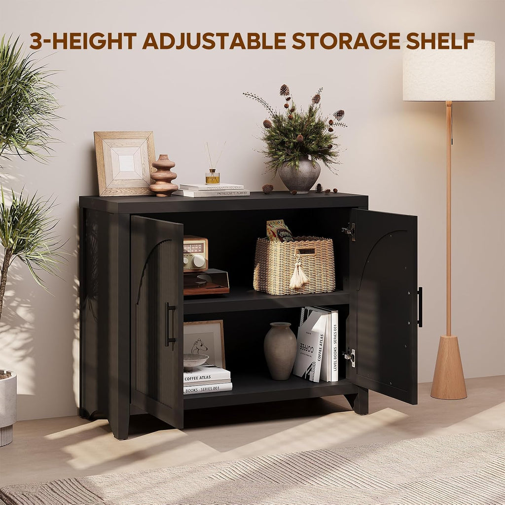37" Modern Fluted Sideboard Buffet Cabinet with Storage, Black Oak | Small Wooden Modular Storage Cabinet, Adjustable