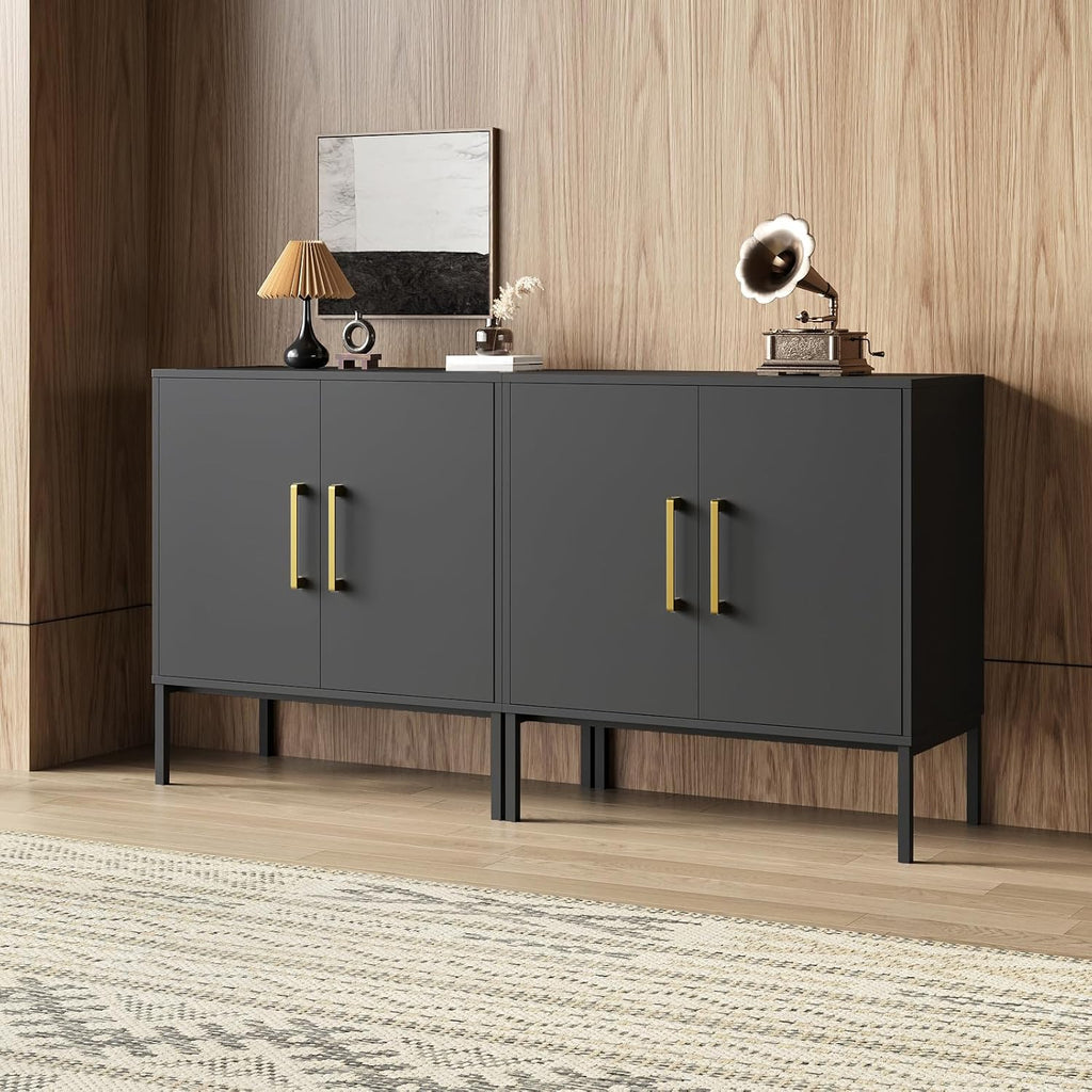 Set of 2 Storage Cabinets with Adjustable Shelf and Gold Handle, Black丨Buffet Cabinet with Storage, Accent Cabinet