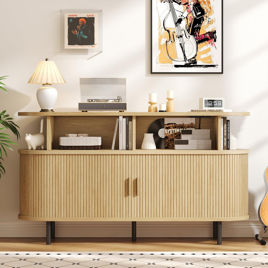 55" Large Round Record Player Stand with Charging Station, Oak