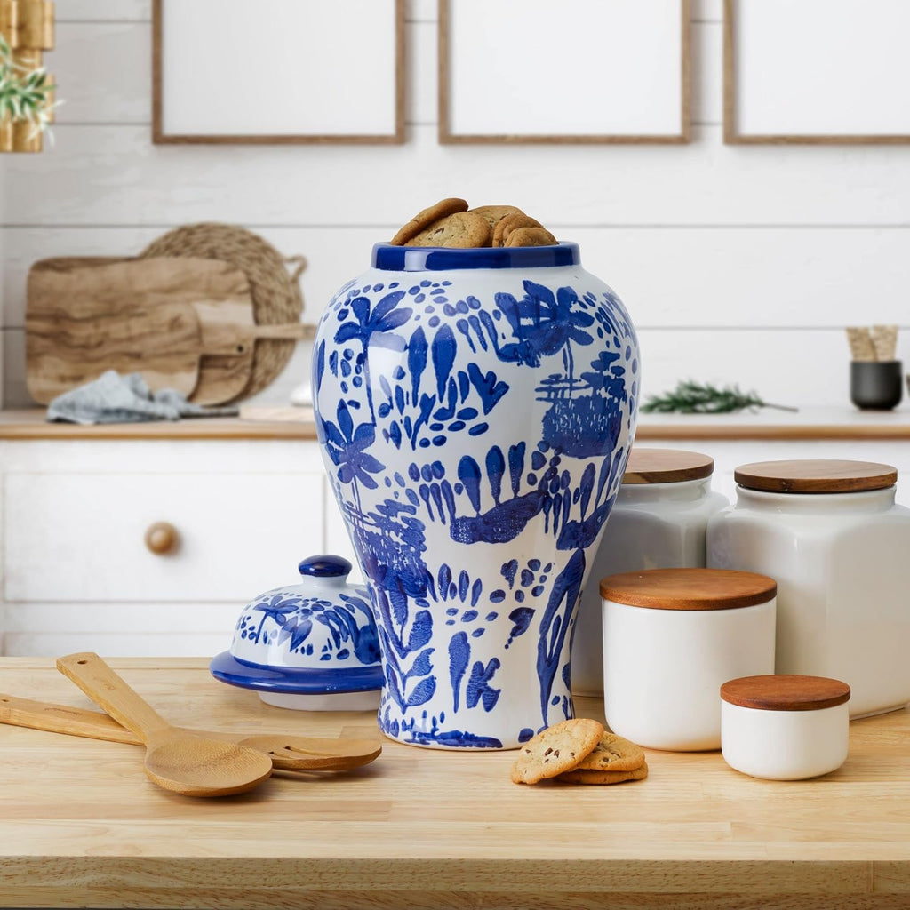 Blue and White Landscape Round Ceramic Ginger Jar, Store Small Household Items or Display Faux Florals