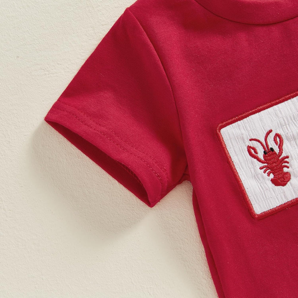 Toddler Baby Boy Summer Clothes Cute Crawfish Outfit Lobster Short Sleeve T-shirt Tops & Stripes/Gingham Shorts Set