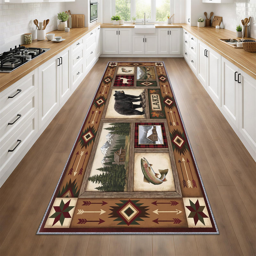 Rustic Aztec Runner Rug 2x7 Wildlife Runner Rug, Lodge Style Farmhouse Country Rugs, Bear and Fish Rugs Non-Slip
