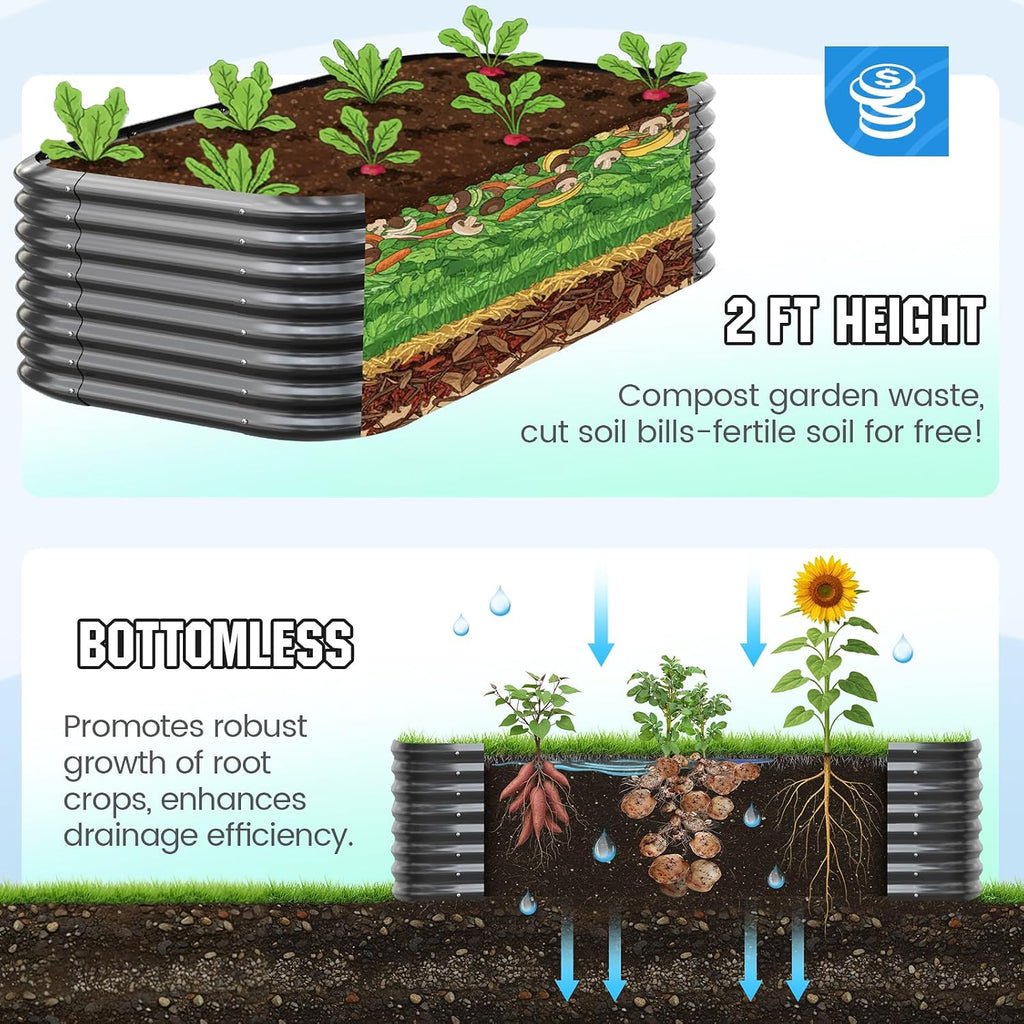 Galvanized Oval Raised Garden Bed Kit, 8x4x2 ft | Metal Planter Box Tall for Vegetables Outdoor Backyard