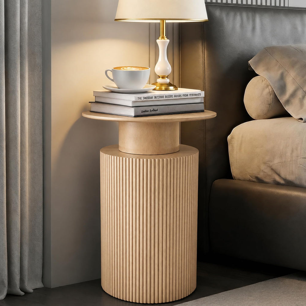 24" Fluted End Table Reversible, Hidden Storage, Natural Oak