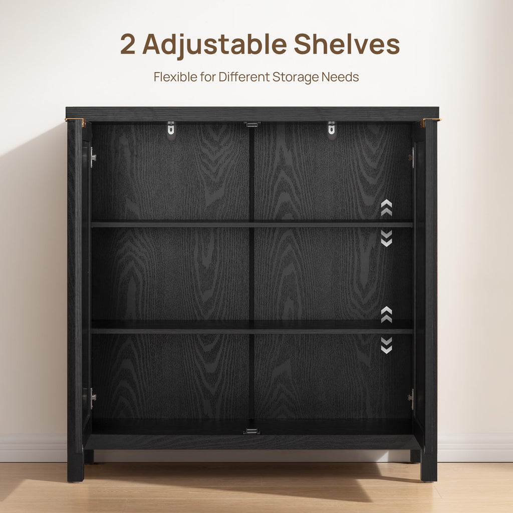 Rattan Black Sideboard Buffet Storage Cabinet with Large Storage