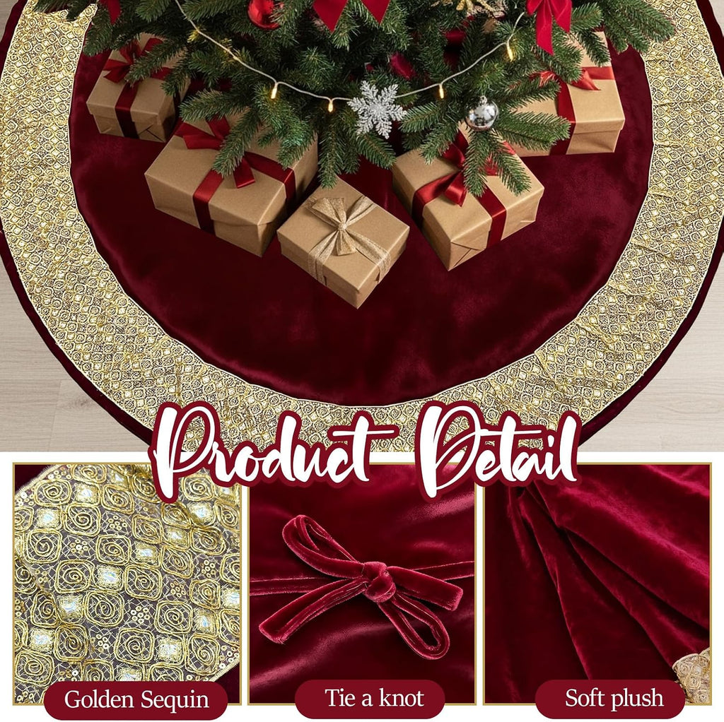 72 inch Christmas Tree Skirt, Extra Large Velvet Red Tree Skirt with Gold Glitter Trim, Rustic Vintage Xmas Tree