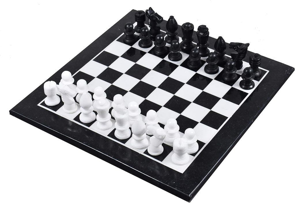 Marble Stone Chess Pieces & Board Set -Black and White - 12" - Minimalist Gift