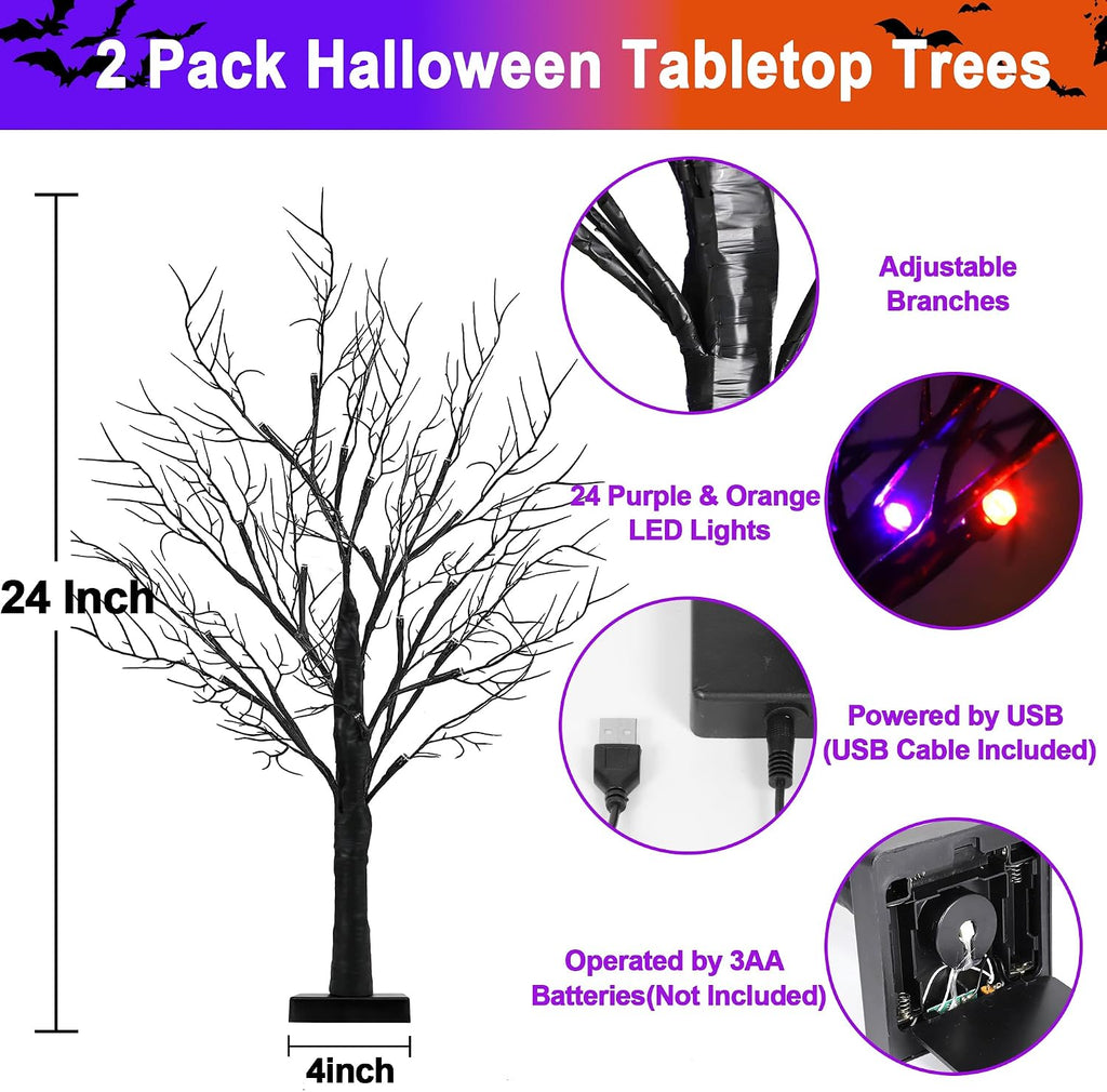 [Timer] 2 Pack Halloween Decorations Indoor, 24 Inch Halloween Tree with 24 Orange & Purple Lights, USB & Battery - Set of 2