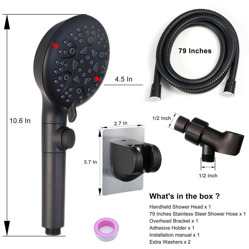 Handheld Shower Head with On Off Switch, 8-mode High Pressure Shower Wand with Long Hose and Bracket Extra Adhesive
