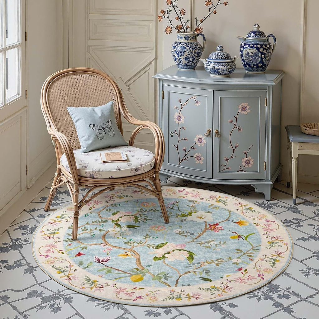5ft Washable Round Area Rug, Soft Chinoiserie Floral, Blue/Pink
