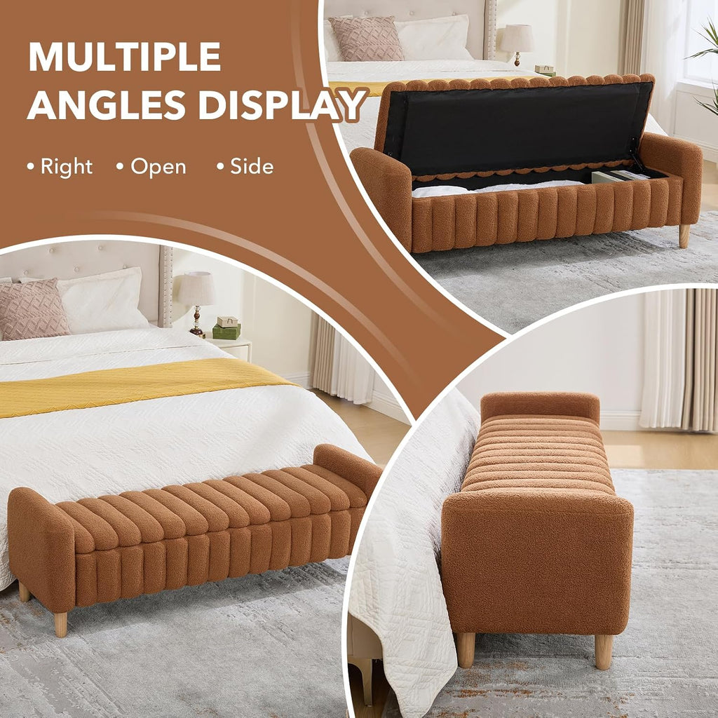 63.4" Storage Ottoman Bench, Flip-Top End of Bed Bench (Caramel) | Teddy Upholstered Entryway Bench, Channel Tufted