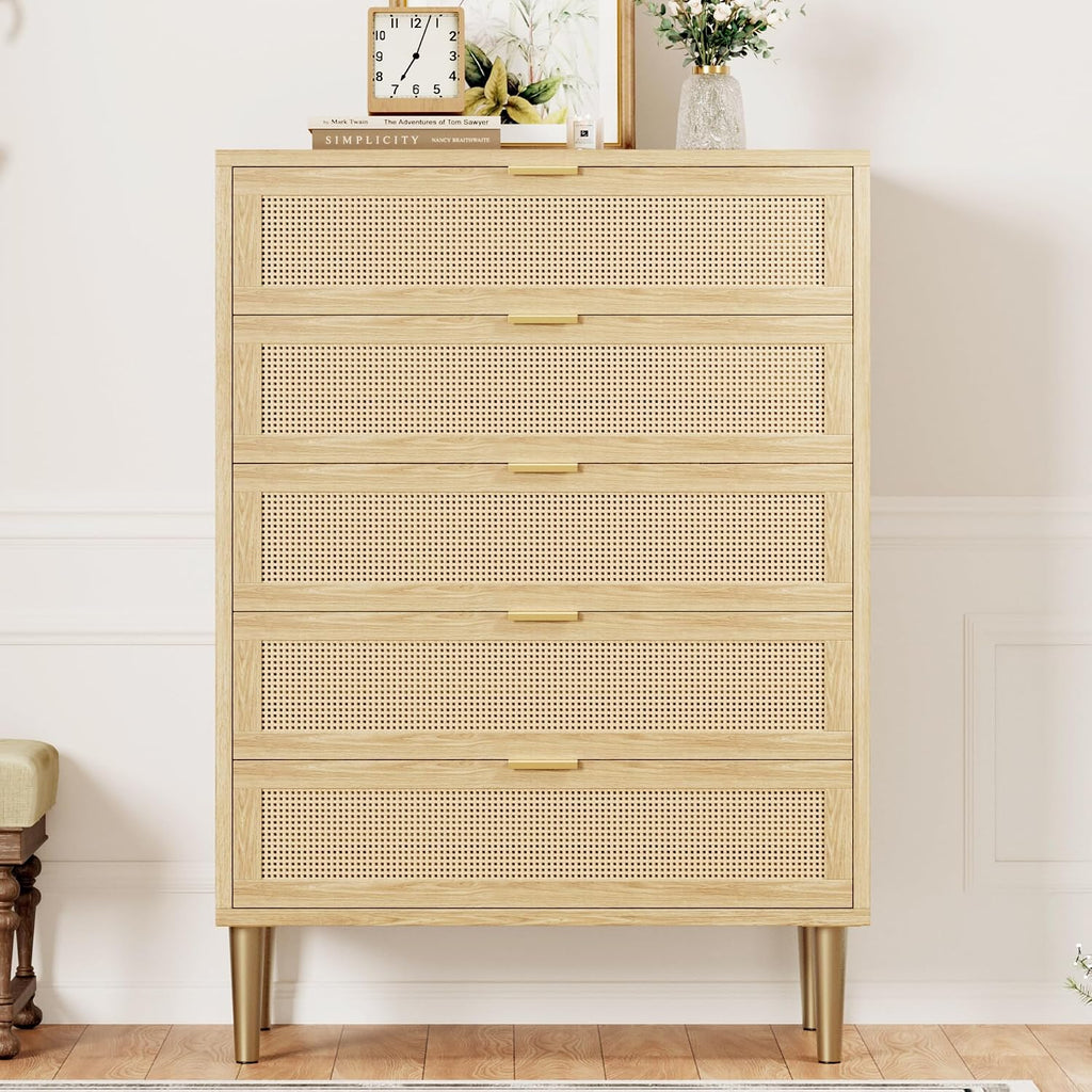 Rattan Dresser with 5 Drawers,44" Tall Chest of Drawers | Narrow Wooden Vertical Dresser With Metal Legs And Handles