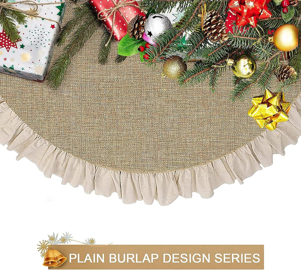 Fall Burlap Tree Skirt with Ruffle, 48 inch Linen Christmas Tree Decoration