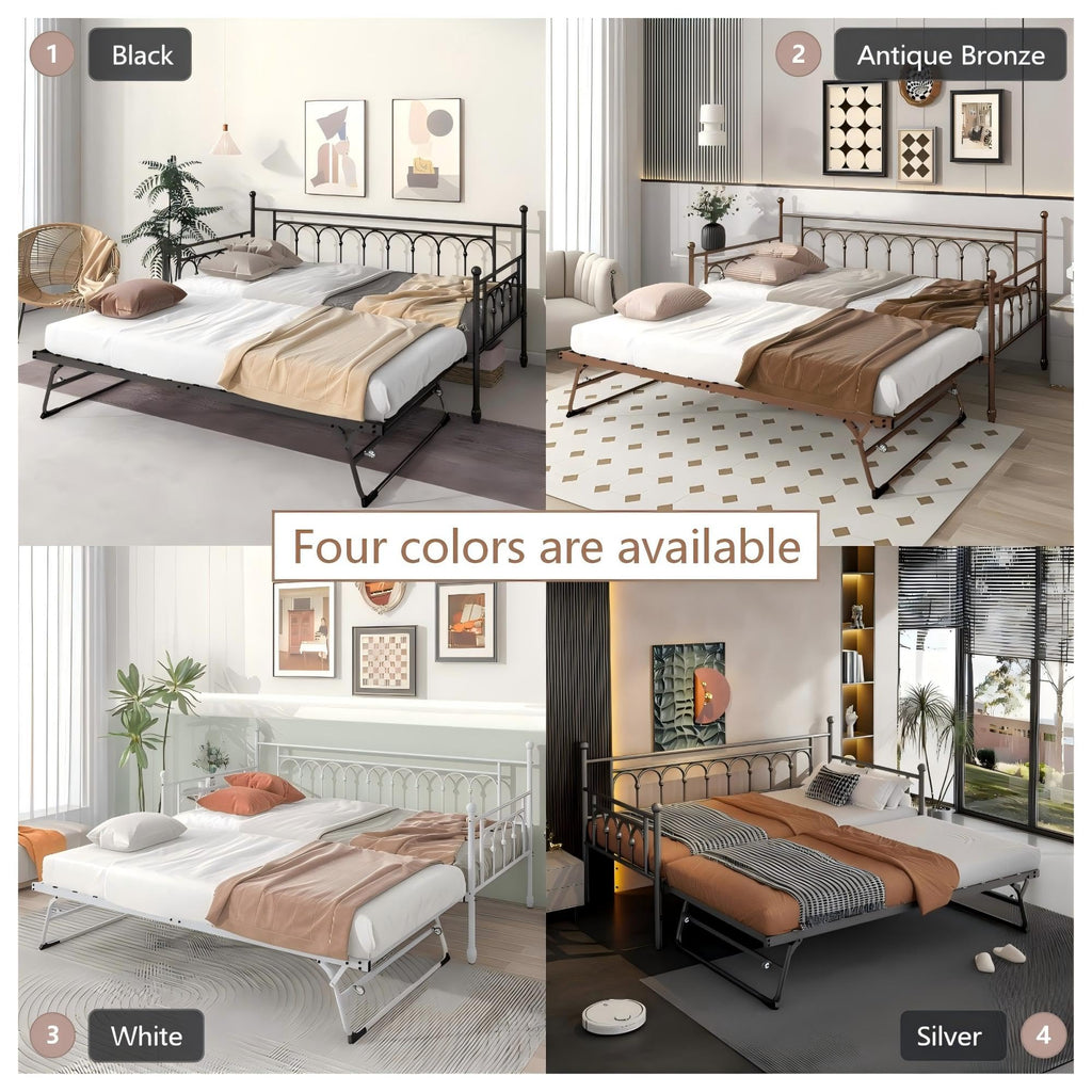 Day Bed with Trundle Bed Twin Pop Up, Height Adjustable Twin Daybed with Trundle Pop Up, Metal Sofa Bed Frame with