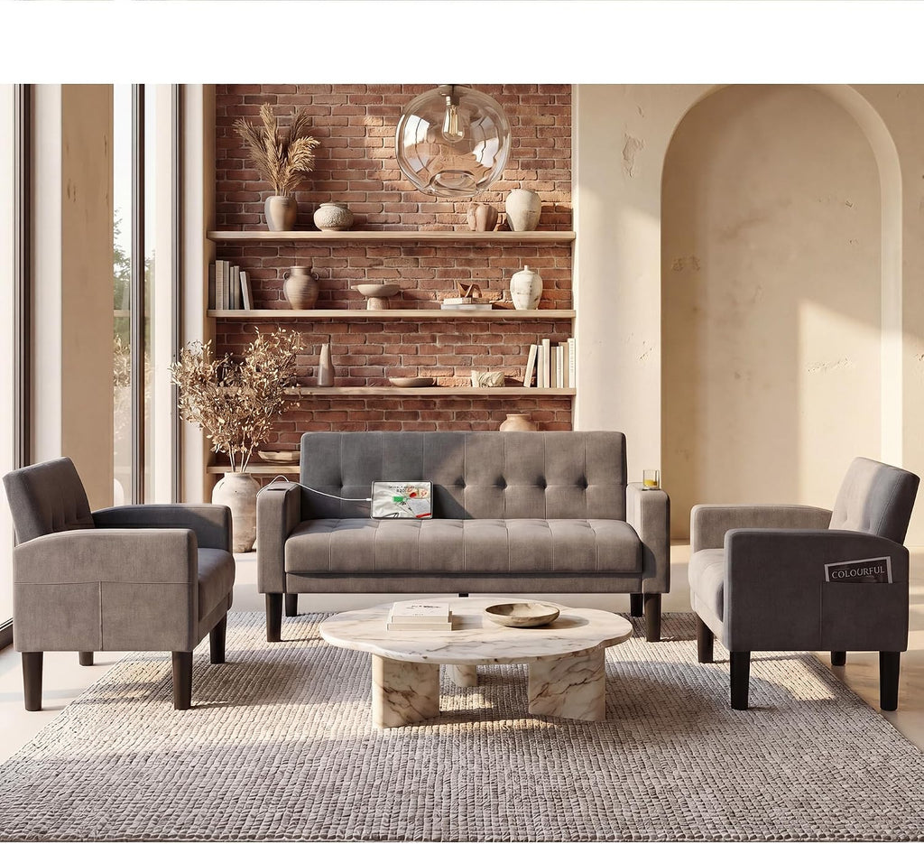 Sofa Couch, Living Room Furniture Sectional Sofa Sets 3 Pcs, Tufted Mid-Century Loveseat w/USB, Cupholders & Comfy