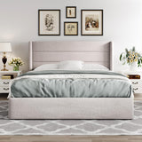 Full Lift Up Storage Bed, Modern Wingback Headboard, Hydraulic Support, No Box Spring Needed, Light Beige