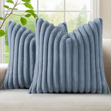 Fall Faux Fur Throw Pillow Covers 18x18 Set of 2 Grey Blue