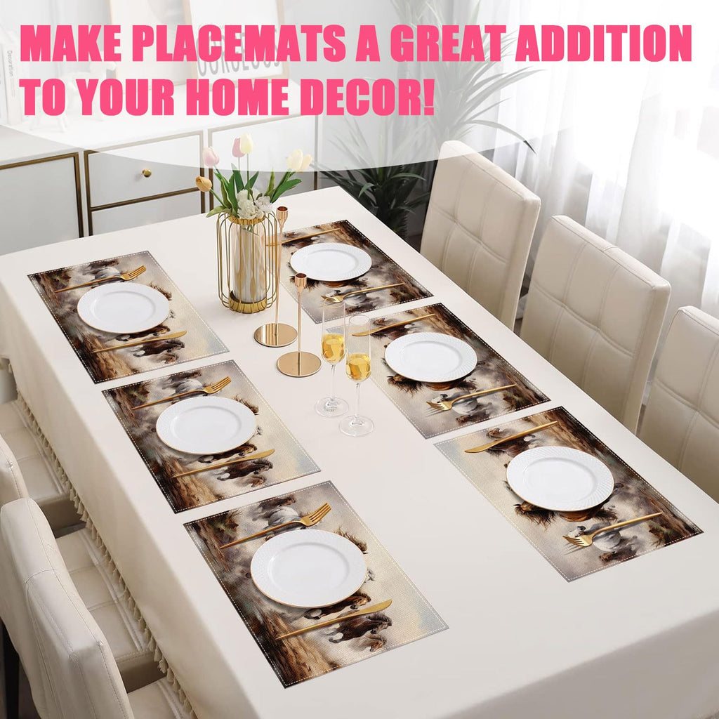 Running Horse Placemats Set of 6,12x18 Inch Linen Place Mat Washable Stain Resistant Table Mats for Spring Summer
