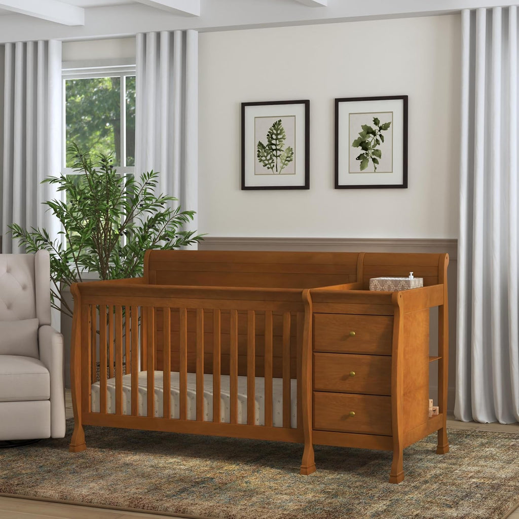 Kalani 4-in-1 Convertible Crib and Changer Combo in Chestnut | GREENGUARD Gold Certified, Converts to Toddler Bed