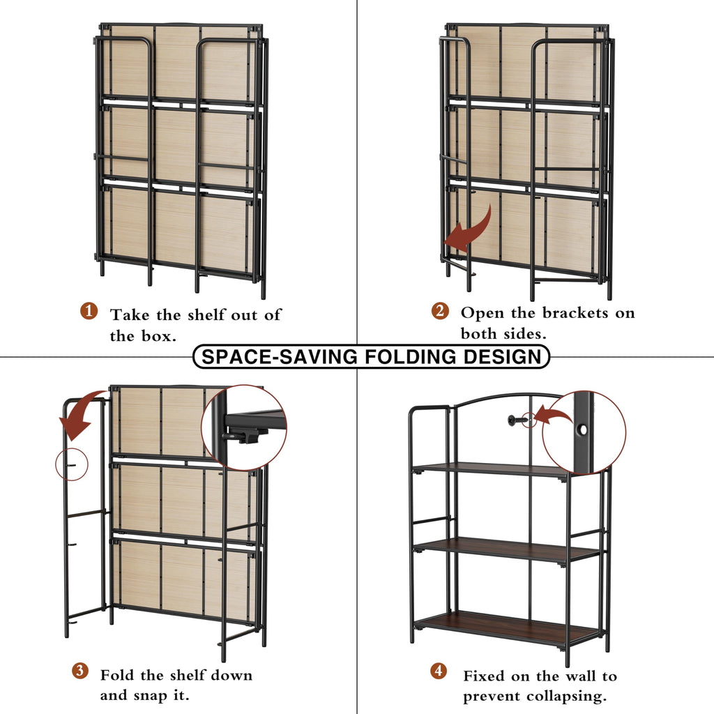 3-Tier Wider Foldable Bookshelf, Black Frame & Walnut Shelves