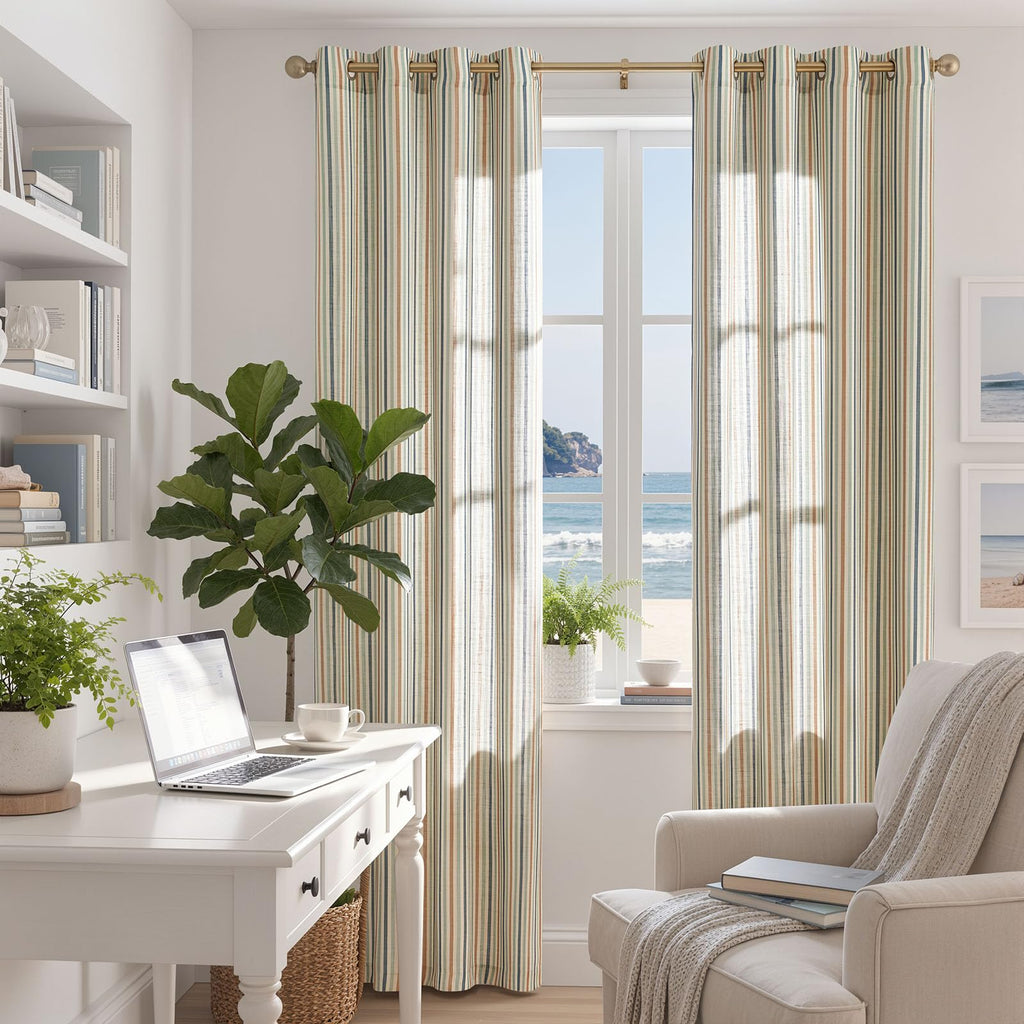 Linen Curtains 84" Ocean Stripe Pattern on Linen Grommet 2 Panels