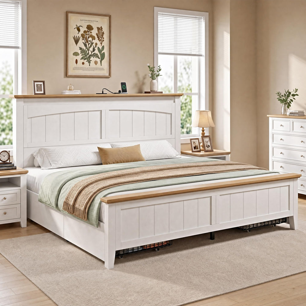 Farmhouse Bed Frame with 50.4" Tall Headboard, Antique White