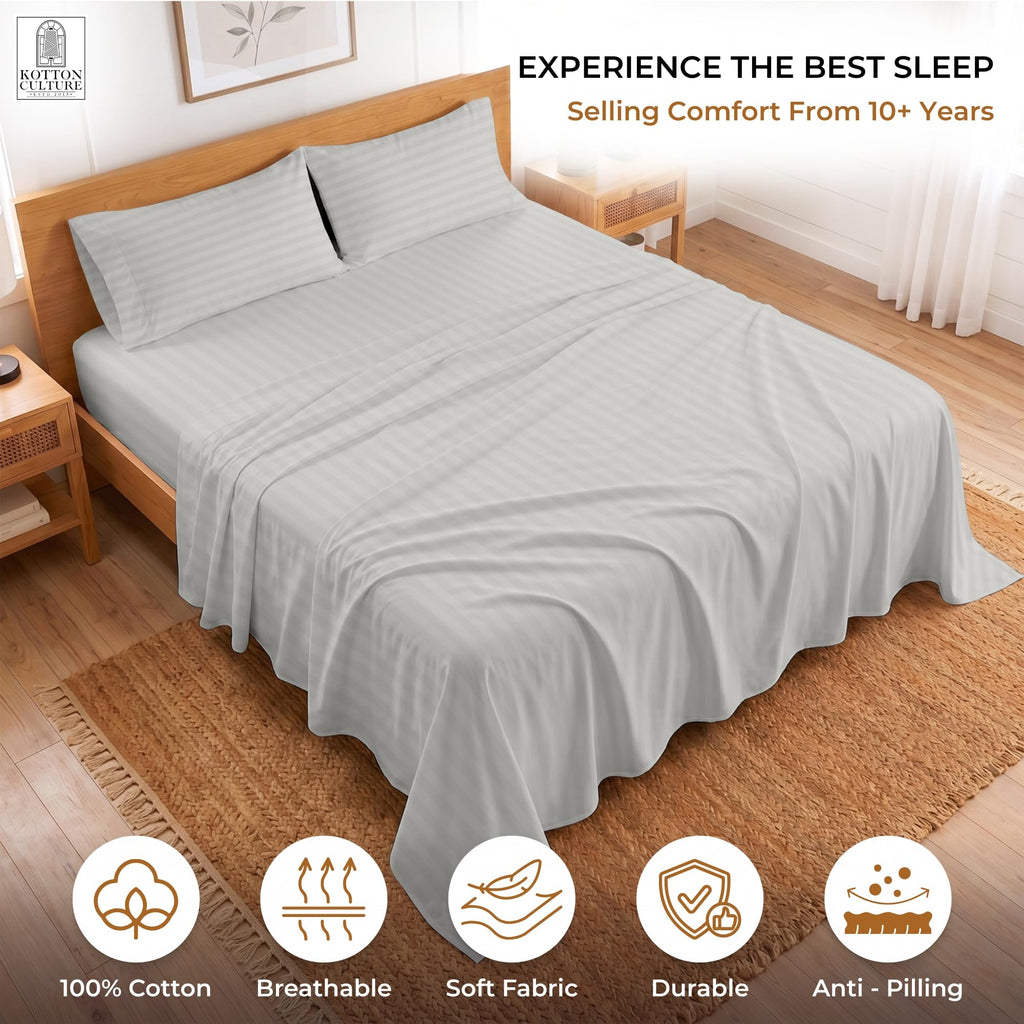 Striped Cotton Sheets 4 Piece 100% Egyptian Cotton 600 Thread Count Soft Bedding Luxury Hotel Sheets with 16" Deep