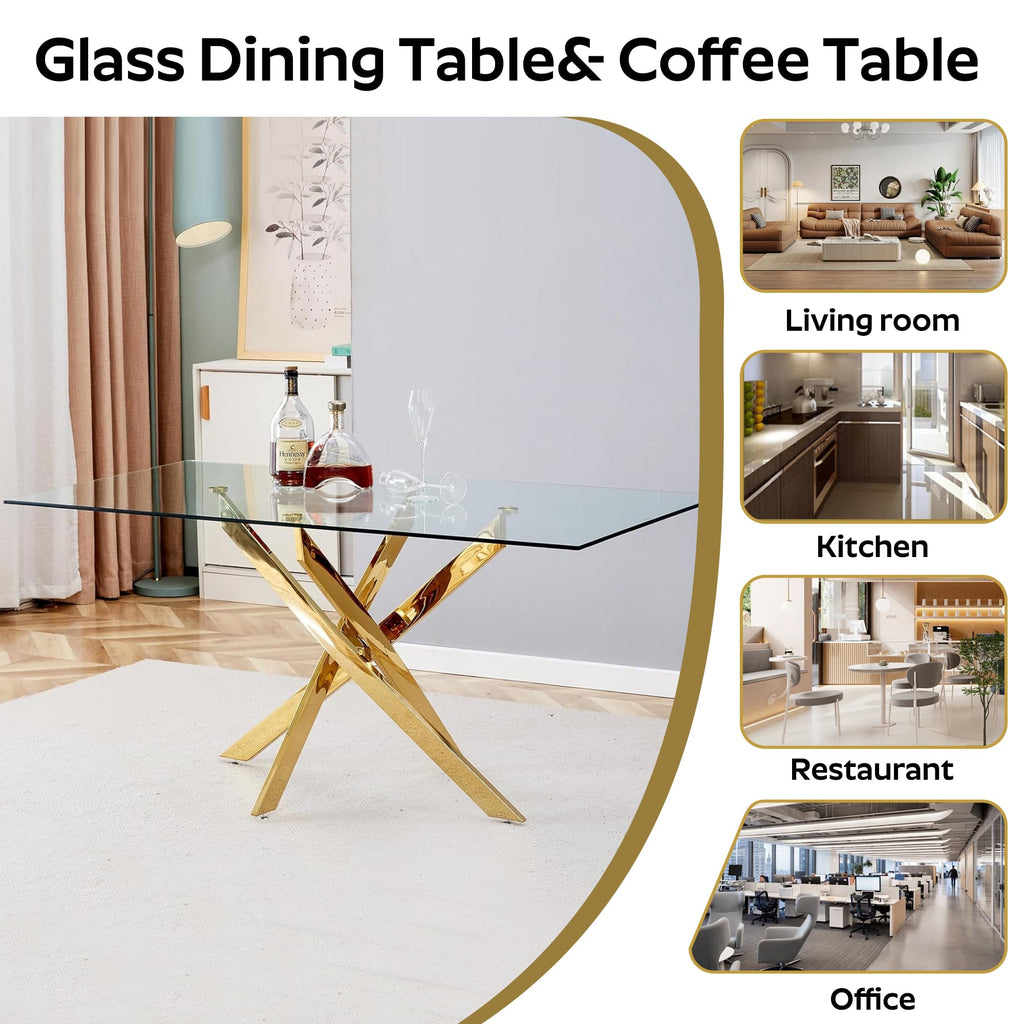 63" Glass Dining Table for 4-6, Contemporary Rectangular Dining Room Table with Tempered Glass Top & Gold Finish