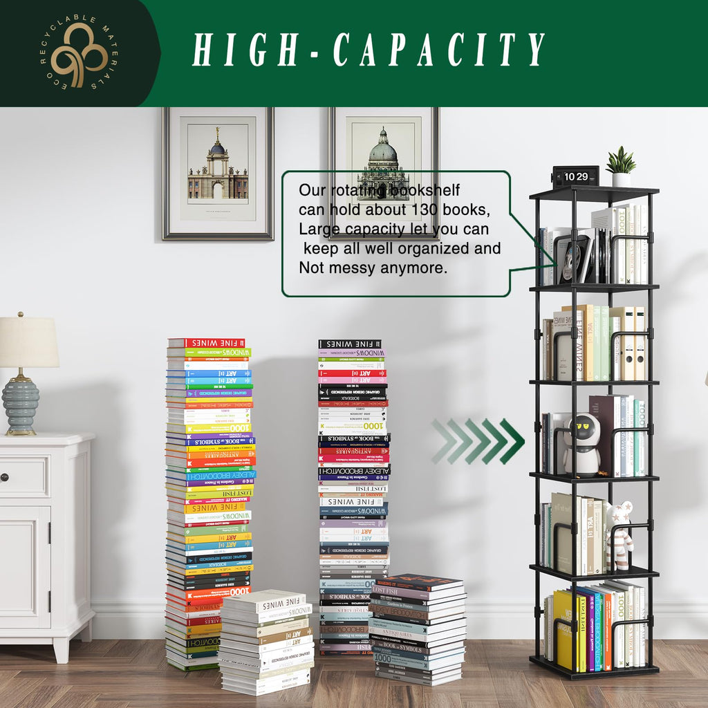 5-Tier Rotating Bookshelf, Freestanding Corner Bookshelf Industrial Style Storage Rack with Rails