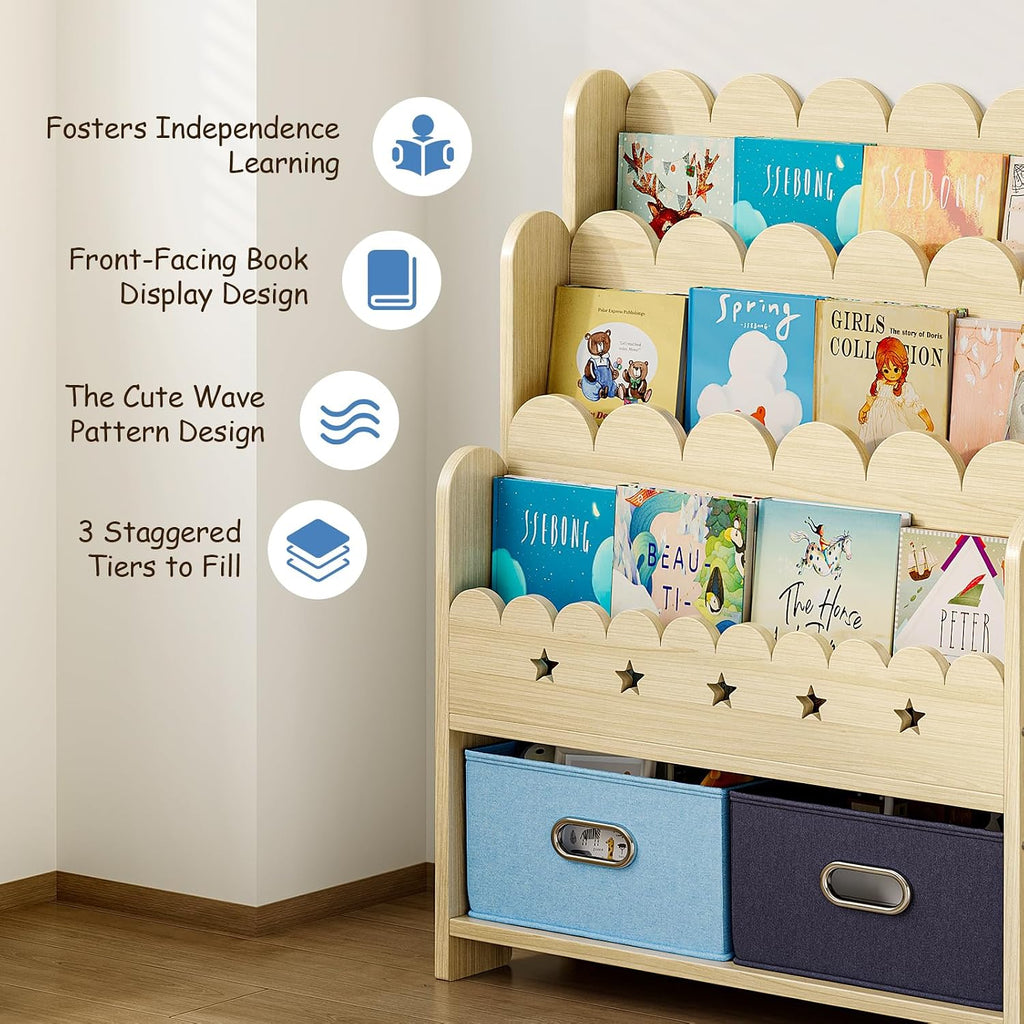 2-in-1 Kids Bookshelf with Toy Storage Drawers, Scalloped Montessori Bookcase Front Facing for Toddlers, Solid Wood