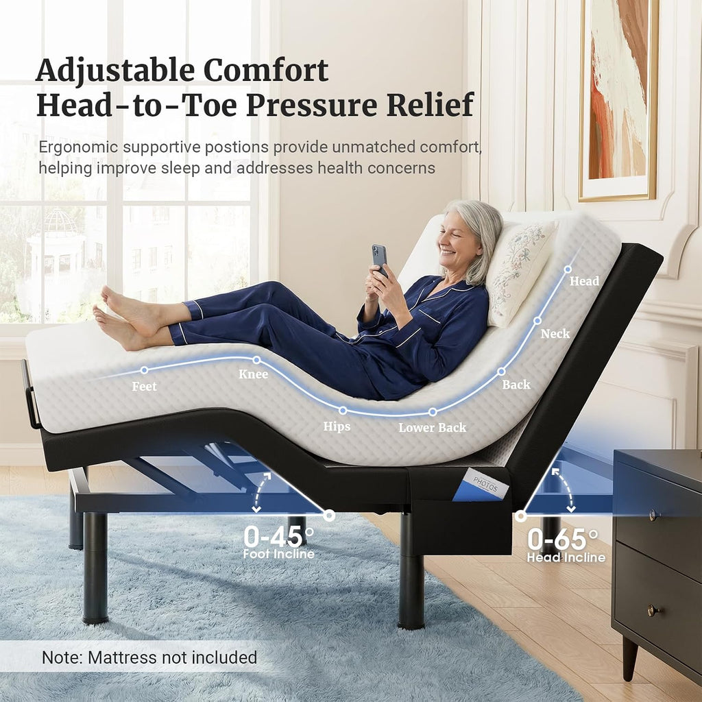 T600 Adjustable Bed Base with Massage & Remote, Syncable Split King Adjustable Bed Frame with Head & Foot Incline