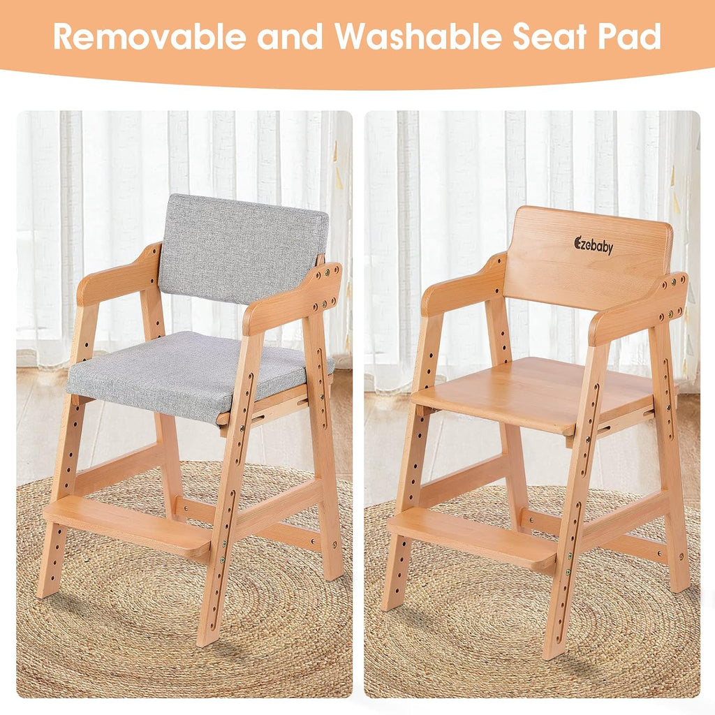 Wooden High Chair for Toddlers to Teens Adjustable Kids Learning Chair with Steps, Child Seats with Removable Cushion